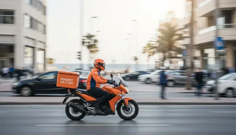 שליח Rocket Delivery על קטנוע בתוך העיר